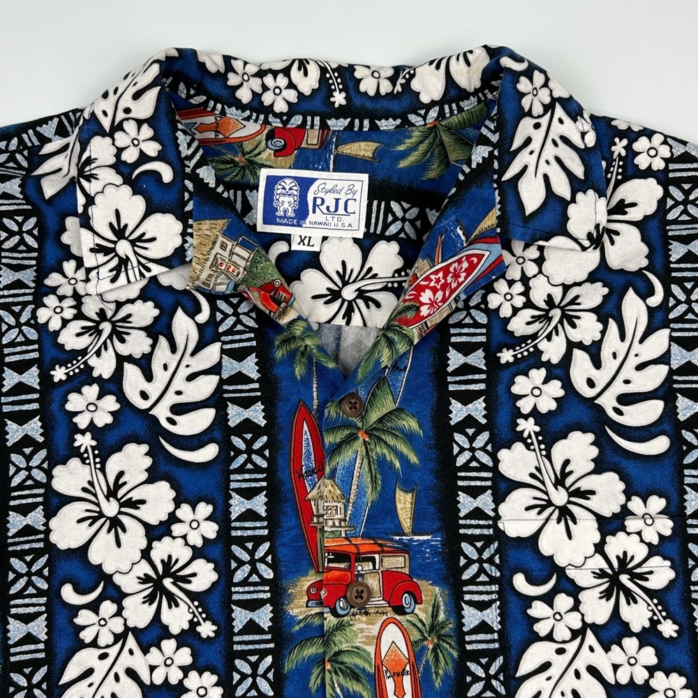 RJC Hawaiian Shirt Mens XL Blue Woodie Car Surfboard Hibiscus Tropical Made- USA